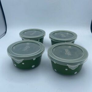 Temp-tations By Tara 4 green Polka Dot 6 oz. Individual Bakers w/ Lids ramekins